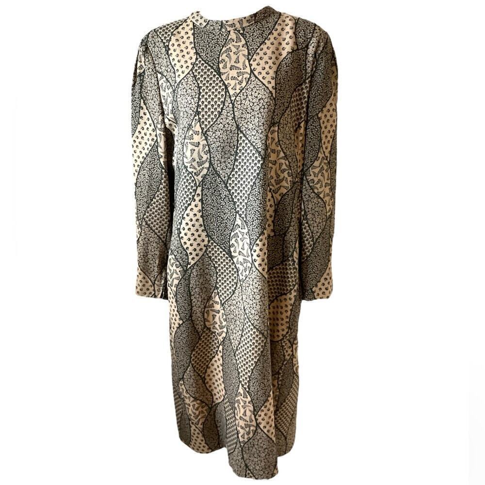 Vintage Pauline Trigere Brown Black Floral Printed Sheath Dress Size 18